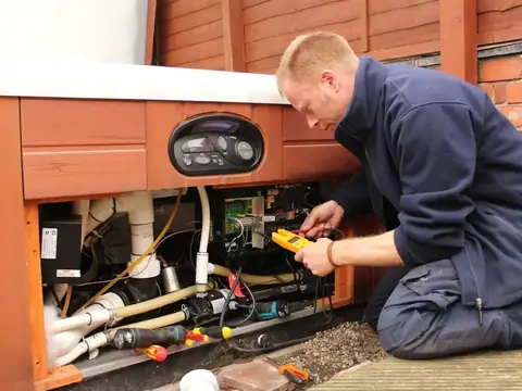 Jon testing a hot tub control pack with a meter, the cabinet panel off and his tools laid out