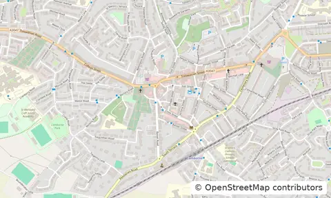 Street map of Camborne town centre and the surrounding streets