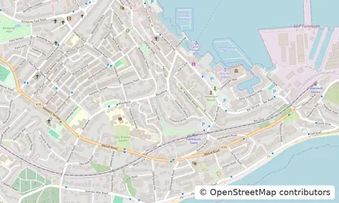 Street map of Falmouth town centre, the harbour and the surrounding streets