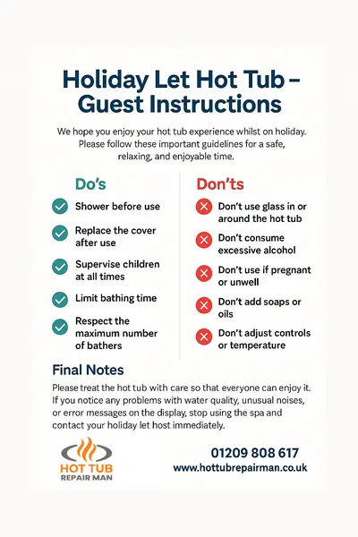 Holiday-let hot tub guest instructions poster, listing five dos and five don’ts