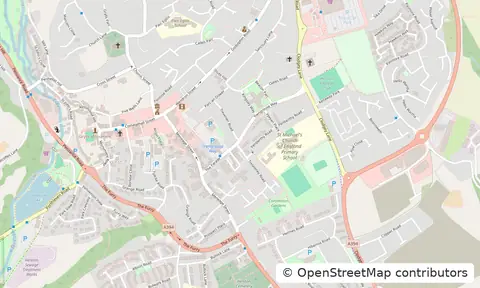 Street map of Helston town centre and the streets around it