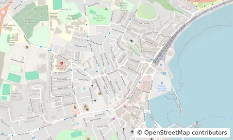 Street map of Penzance town centre, the harbour and the surrounding streets